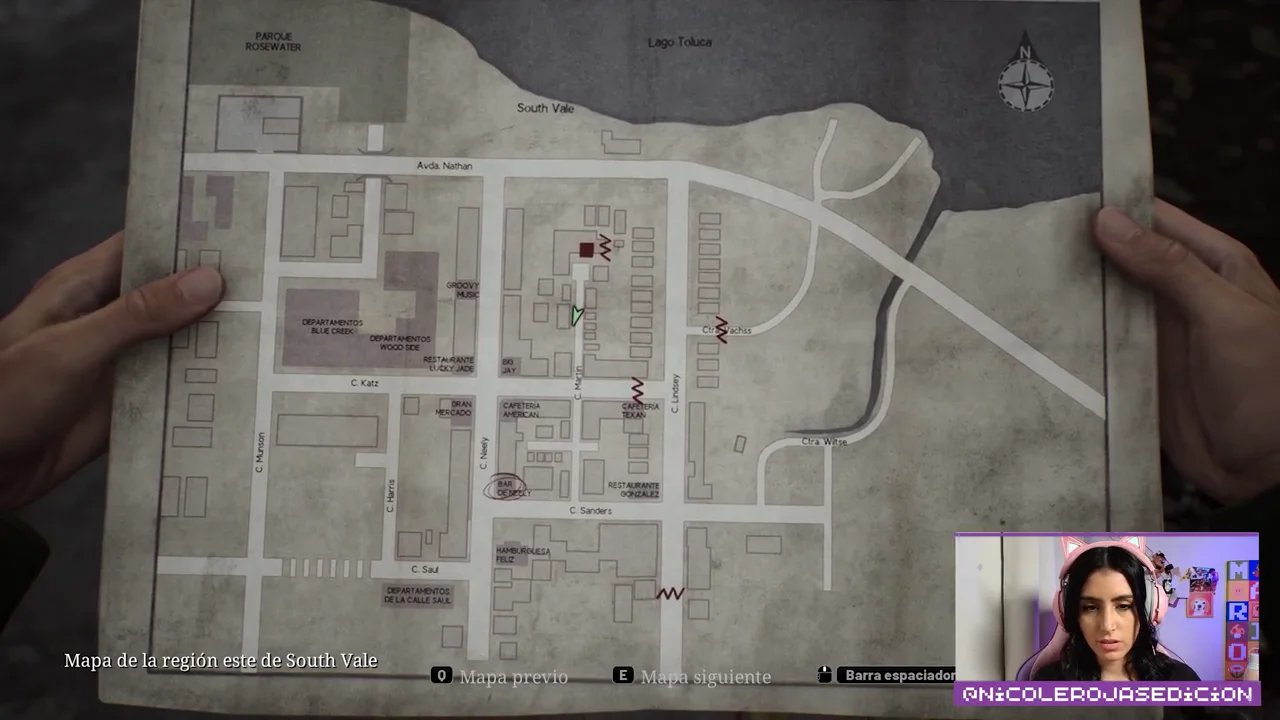 El mapa de South Vale en Silent Hill 2, con la cámara de Nicole en la esquina inferior derecha.